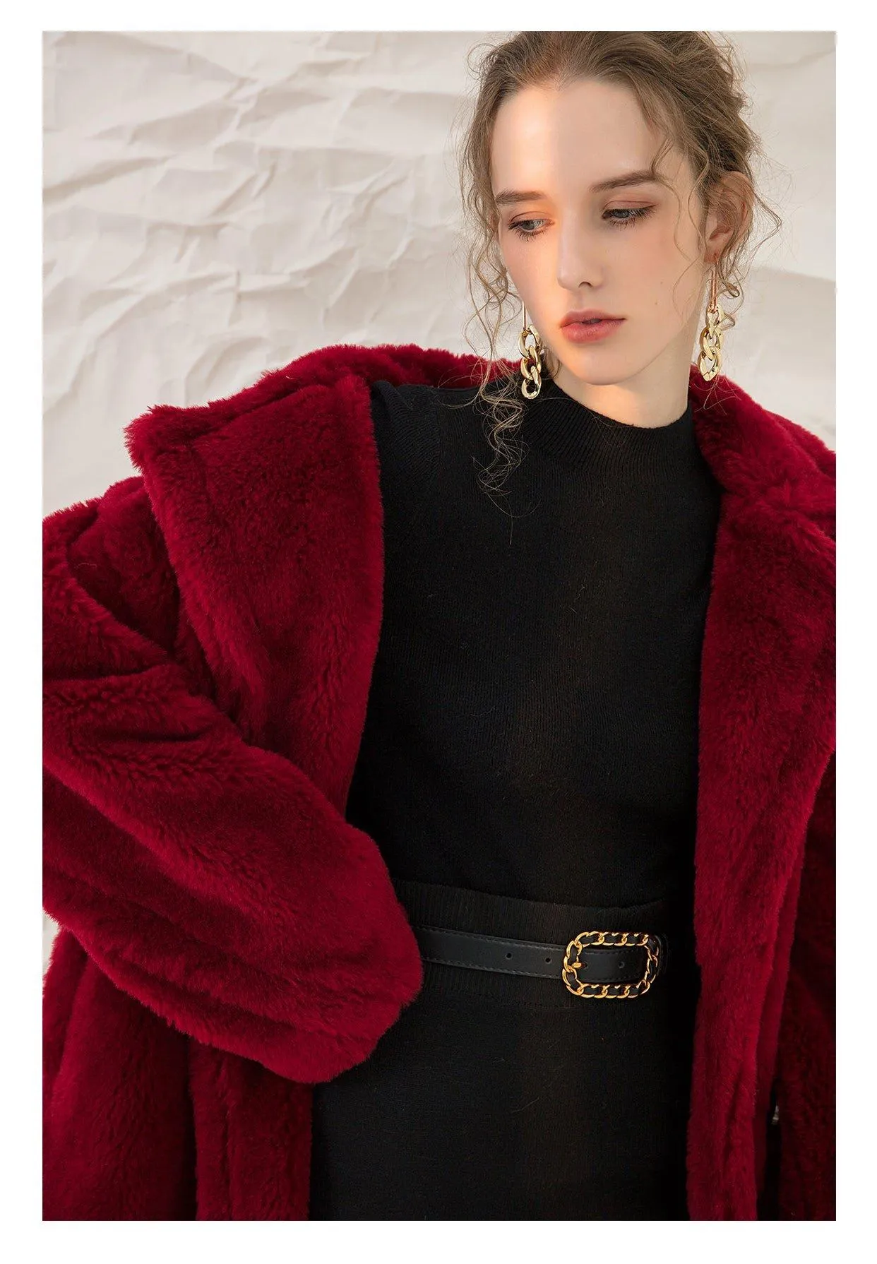 Luxe Autumn winter wine red thick pure wool coat lapel velvet coat- Teddy