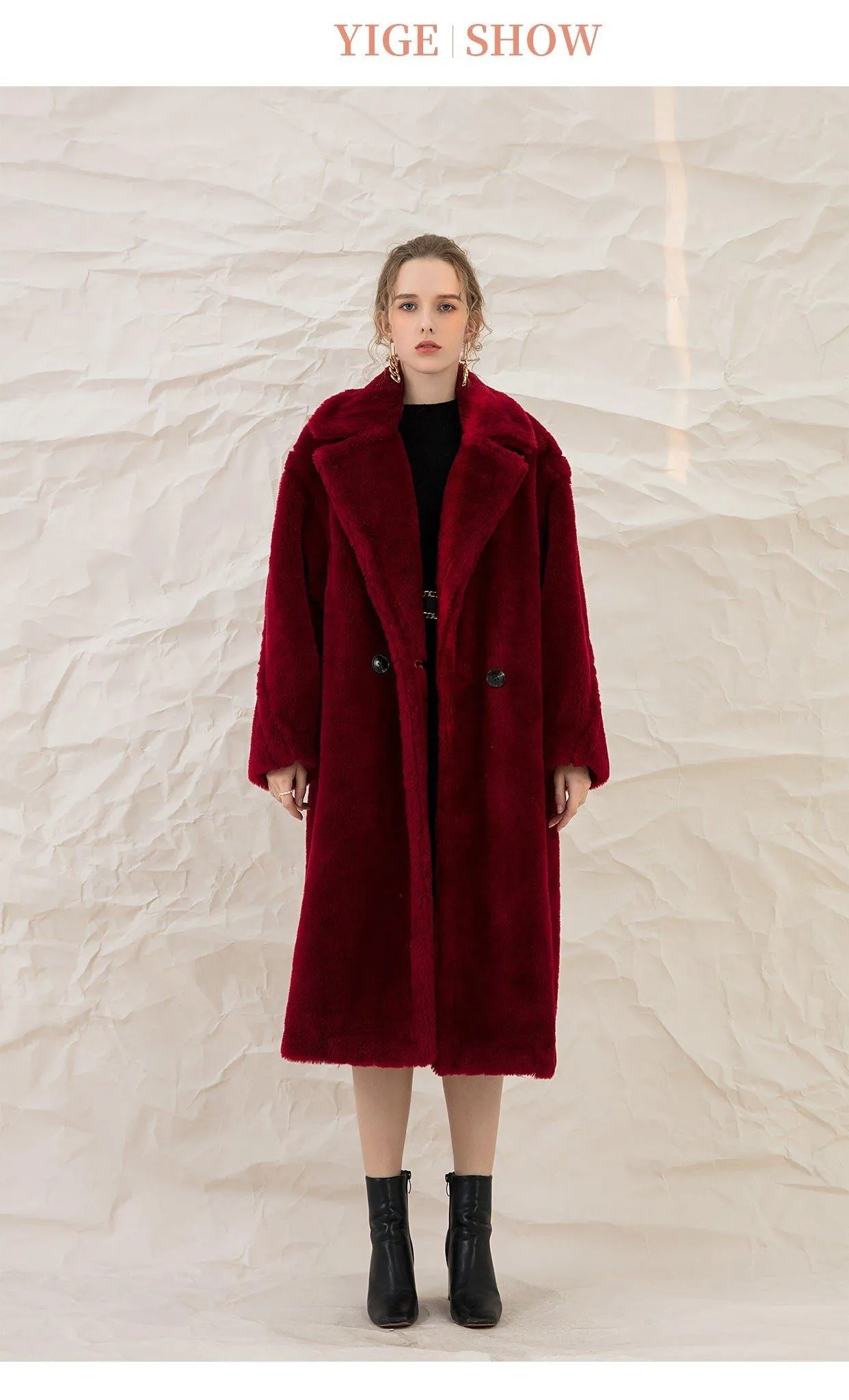 Luxe Autumn winter wine red thick pure wool coat lapel velvet coat- Teddy