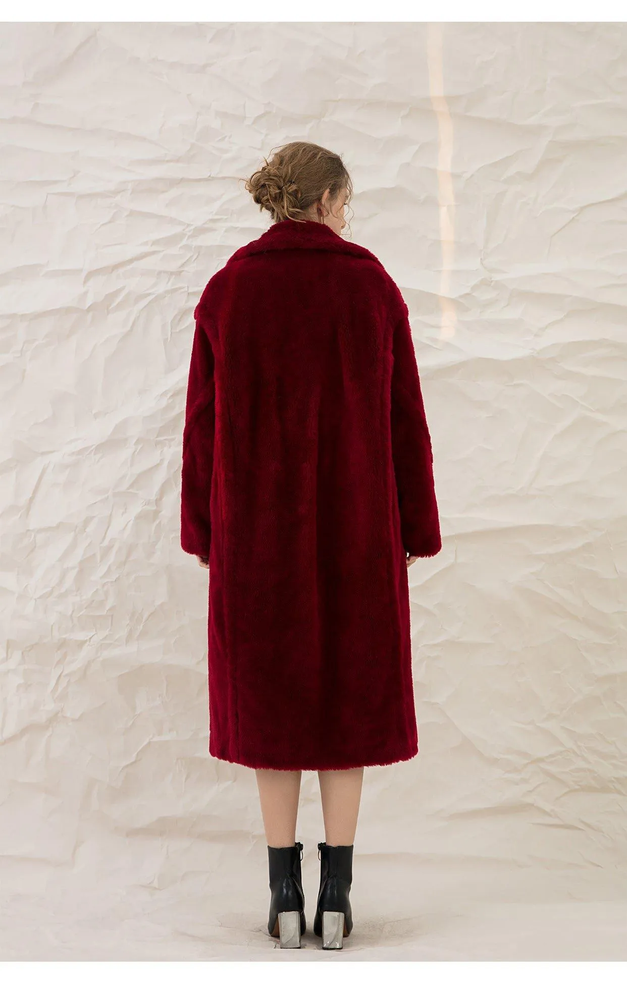 Luxe Autumn winter wine red thick pure wool coat lapel velvet coat- Teddy