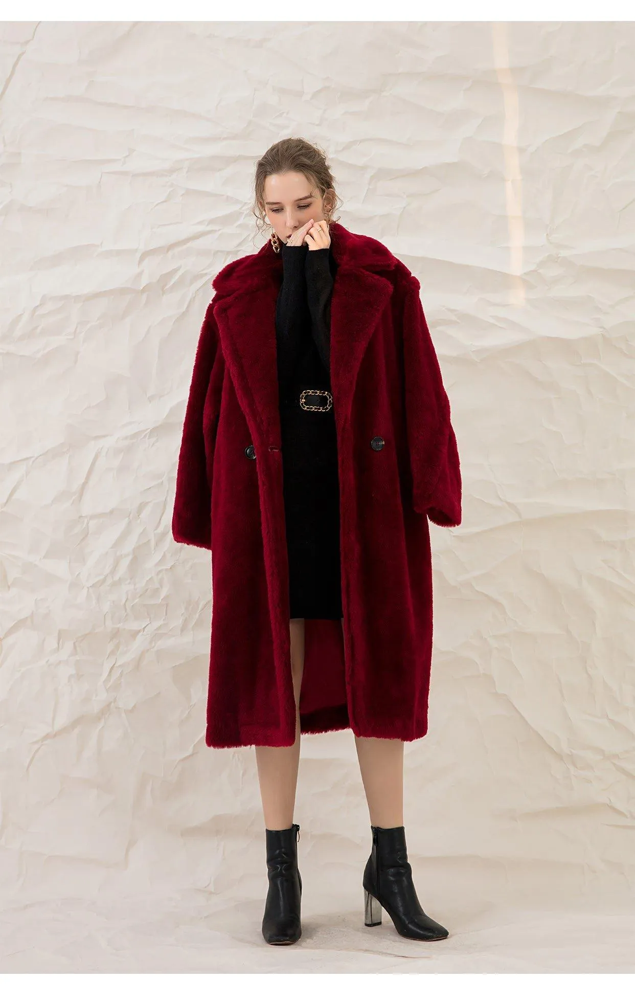 Luxe Autumn winter wine red thick pure wool coat lapel velvet coat- Teddy