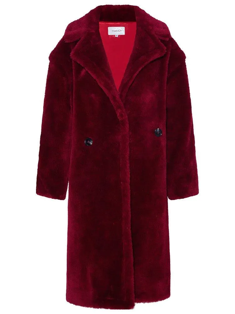 Luxe Autumn winter wine red thick pure wool coat lapel velvet coat- Teddy