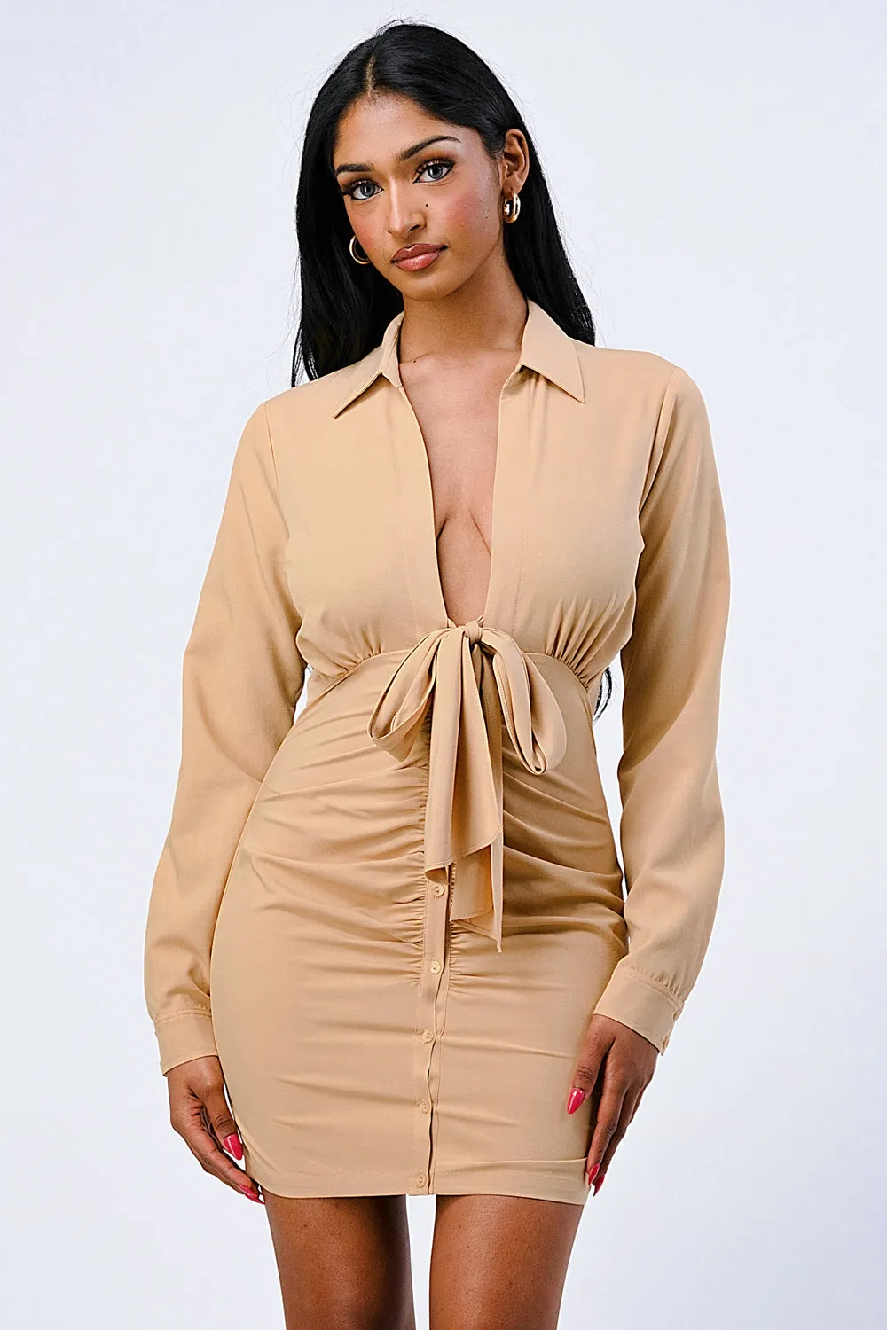 LUXE COLLARED V-NECK RIBBON BODYCON DRESS