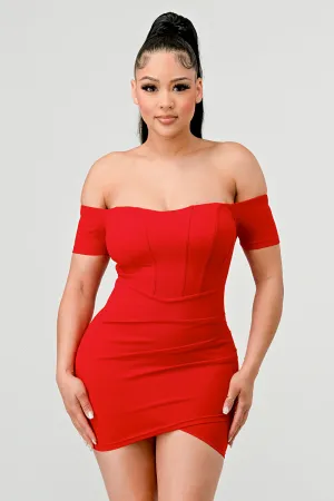 LUXE CREPE OFF SHOULDER CONTRAST WARP MINI DRESS