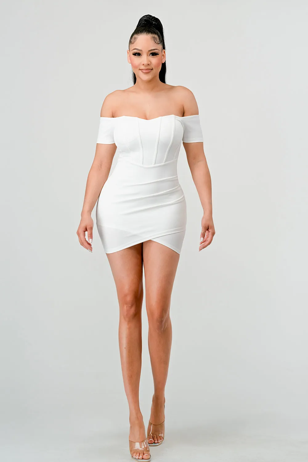 LUXE CREPE OFF SHOULDER CONTRAST WARP MINI DRESS