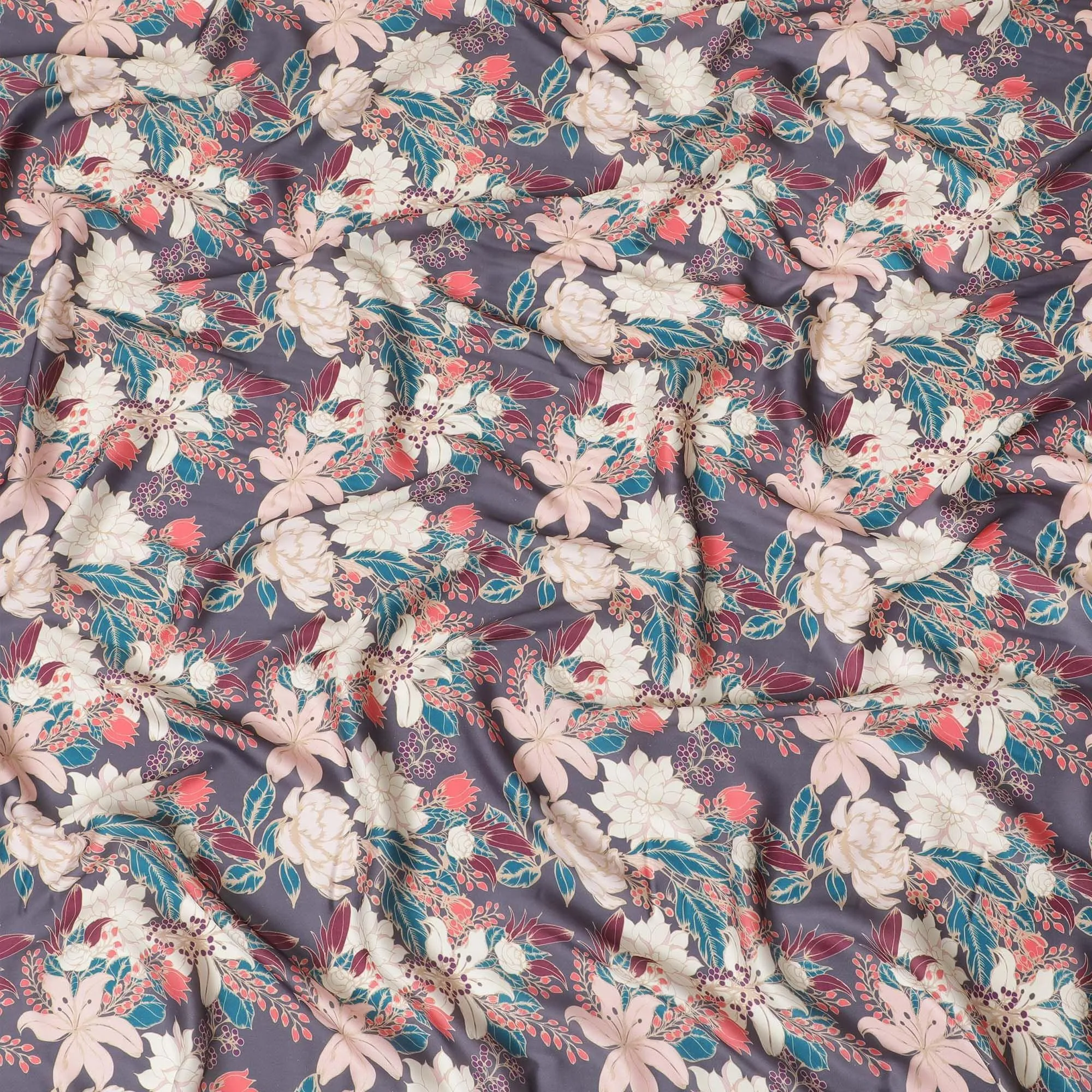 Mauve purple synthetic crepe fabric with multicolor print in floral design-D15665