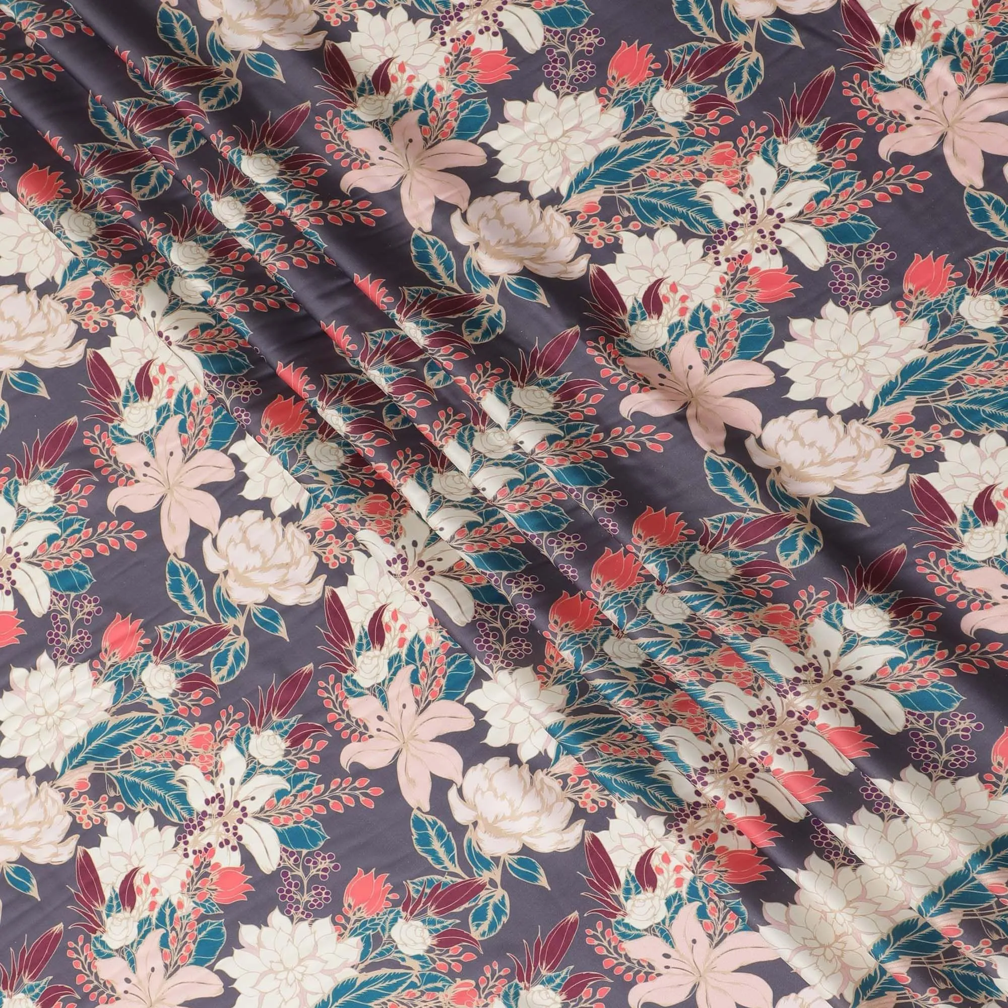 Mauve purple synthetic crepe fabric with multicolor print in floral design-D15665