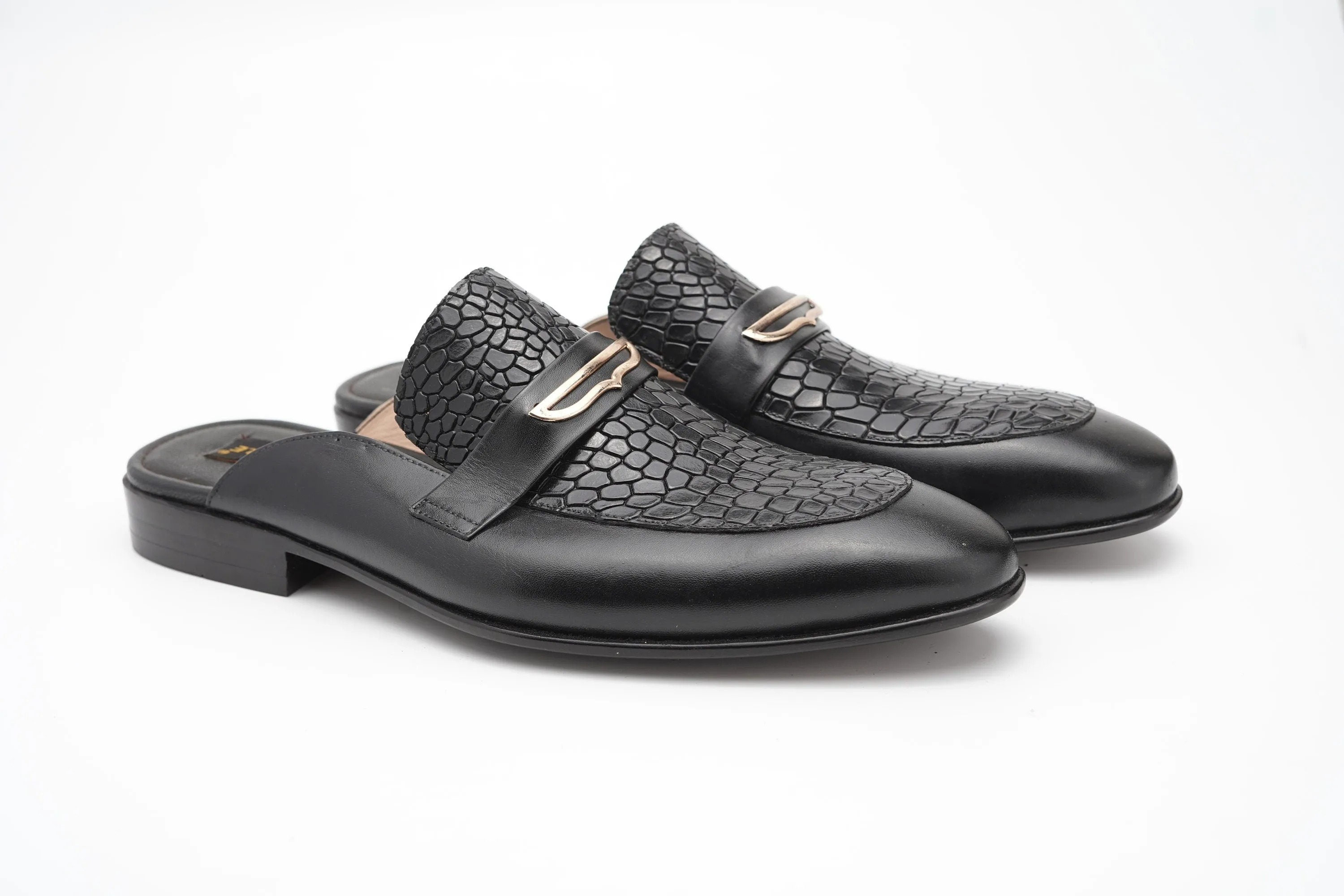 Medallion Black alligator/aniline Backless Slip On Mule Custom Made-To-Order Shoes  Premium Quality Handmade