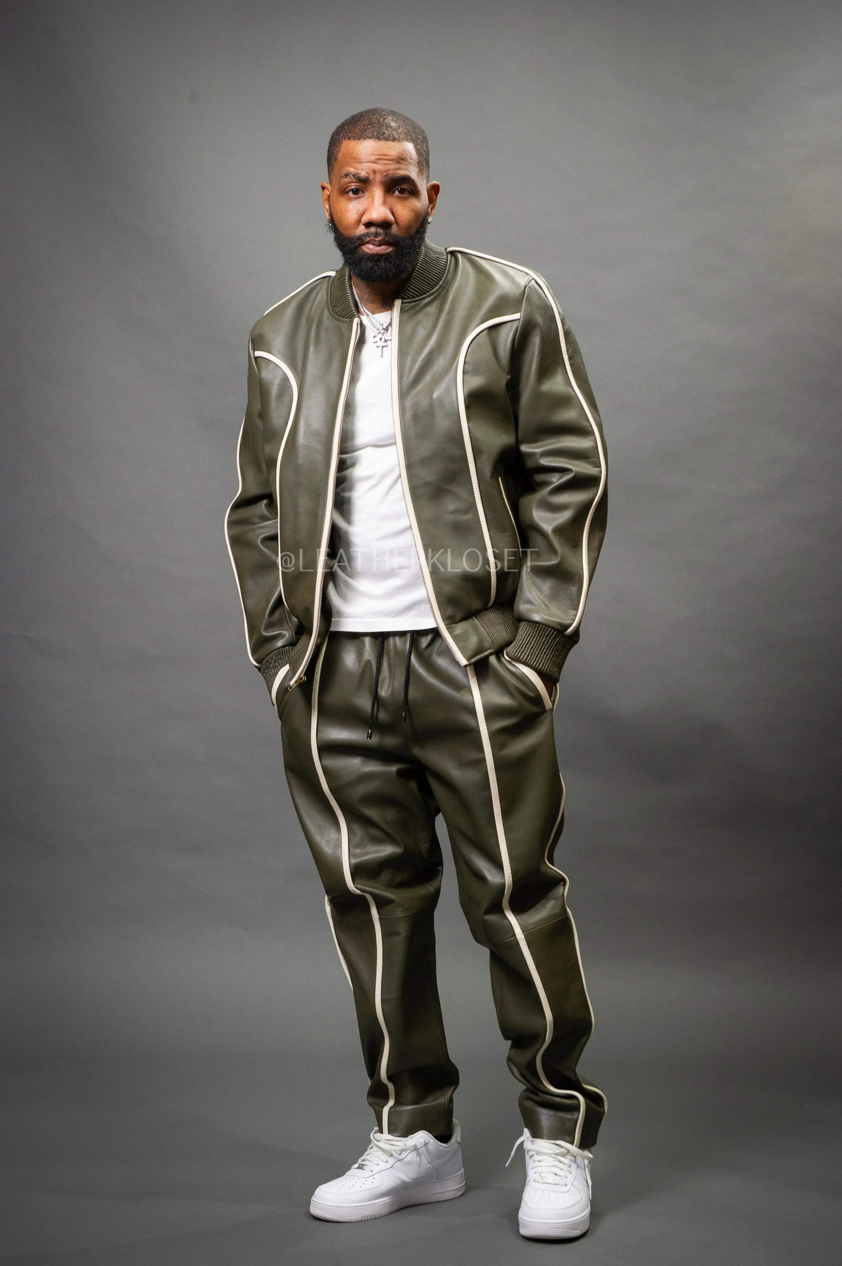 Men's Brayden Leather Track Suit Sweatsuit [Olive/Beige]