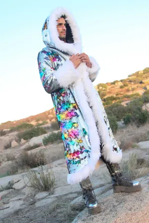 Men's Sequin King Coat in "Silver Hologram-Rainbow"