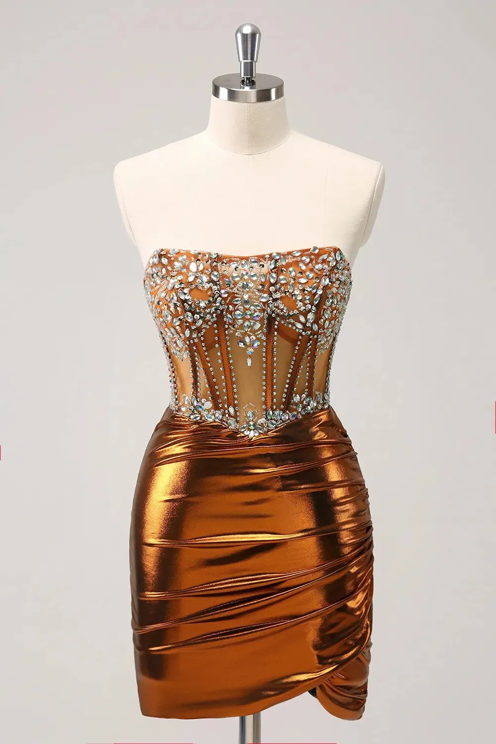 Metallic Copper Strapless Ruched Bodycon Corset Homecoming Dress with Beading