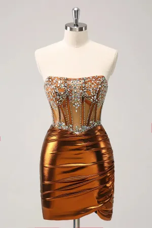 Metallic Copper Strapless Ruched Bodycon Corset Homecoming Dress with Beading