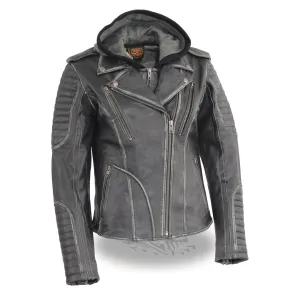 Milwaukee Leather-MLL2516-Women's Black Rub-off M/C Jacket with Full Hoodie Jacket Liner