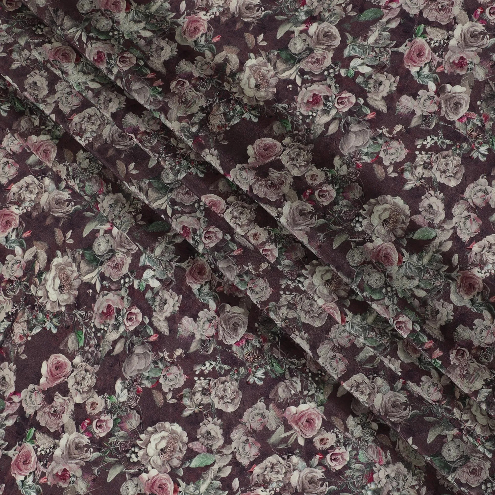 Mocha brown viscose crepe fabric with multicolor print in floral design-D15350