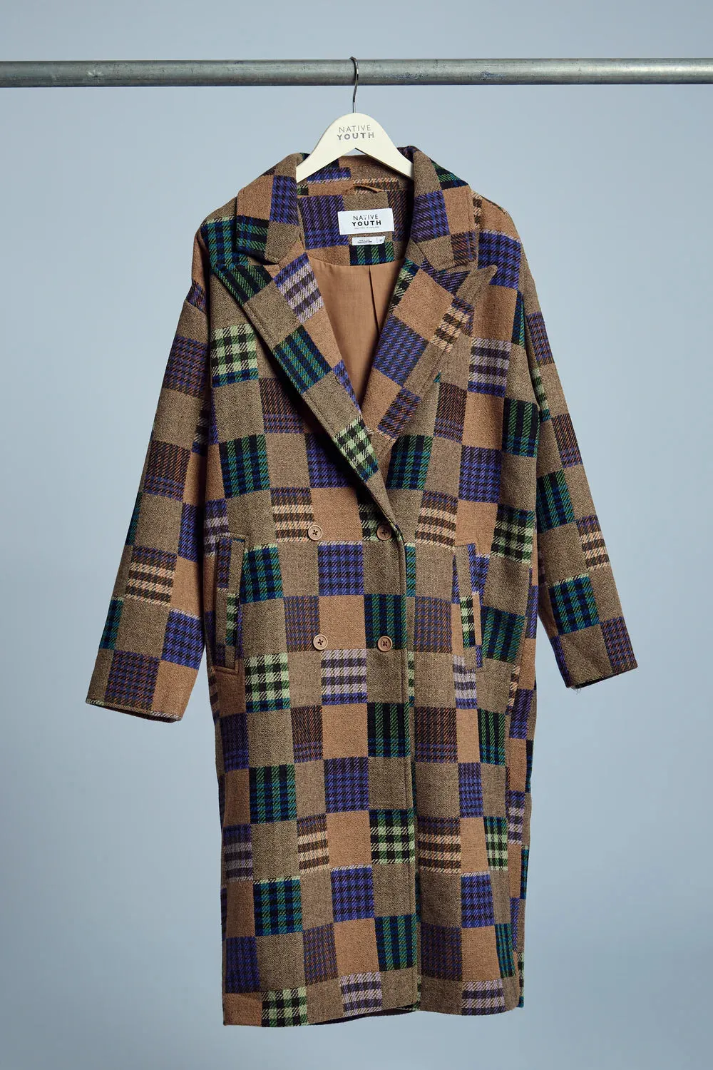 Native Youth - Longline Patchwork Patterned Wool Coat