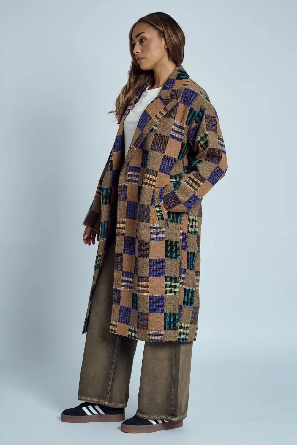 Native Youth - Longline Patchwork Patterned Wool Coat