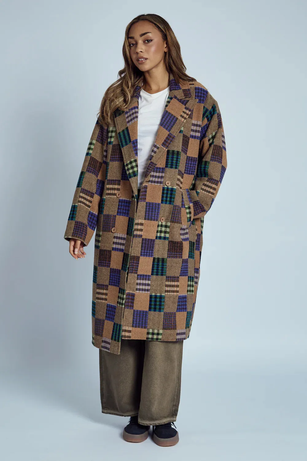 Native Youth - Longline Patchwork Patterned Wool Coat