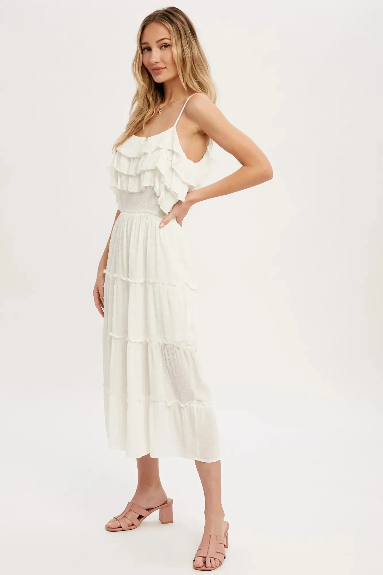 Off-White Swiss Dot Frill Tiered Midi dress