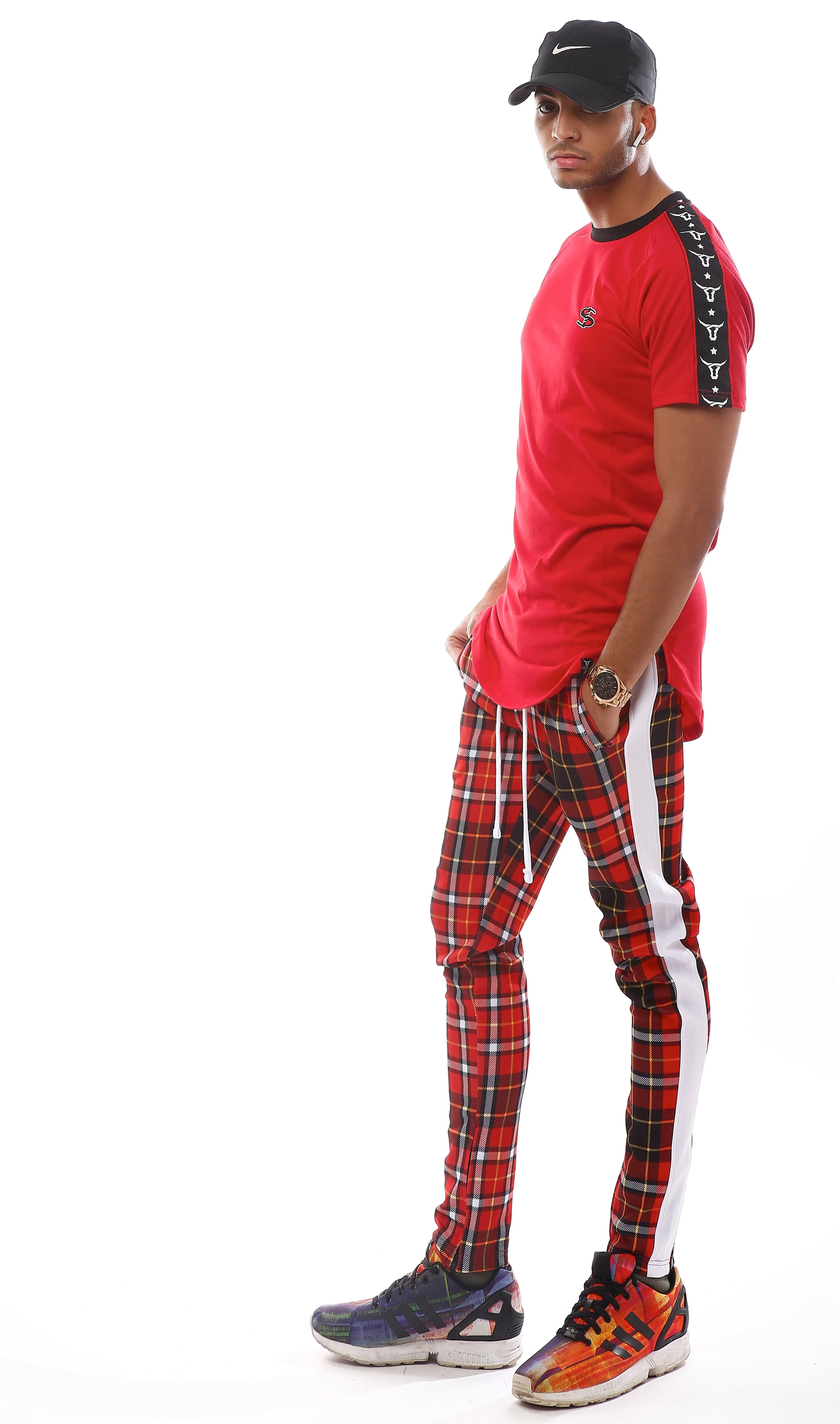 P41902-PATTERN PRINTED TRACK PANTS-RED