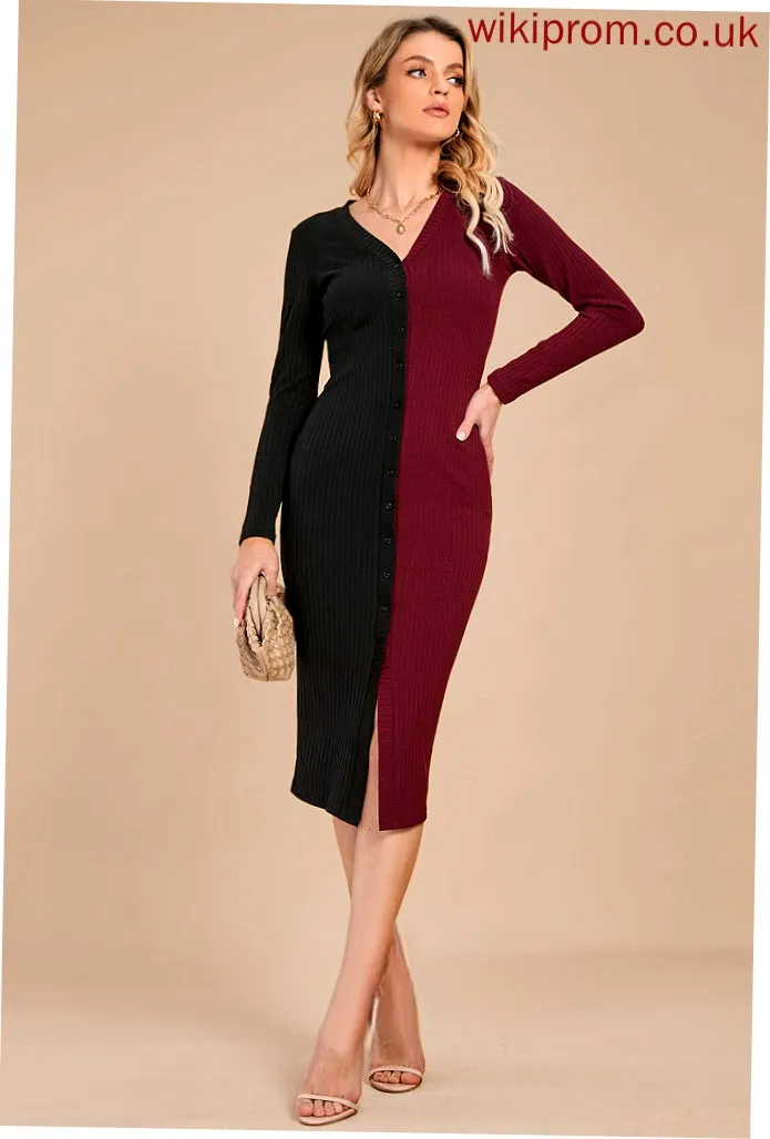 Pam Long V-Neck Blends Dresses Elegant Cotton Bodycon Sleeves Club Dresses Midi