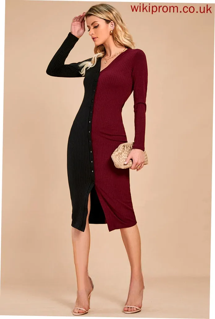 Pam Long V-Neck Blends Dresses Elegant Cotton Bodycon Sleeves Club Dresses Midi