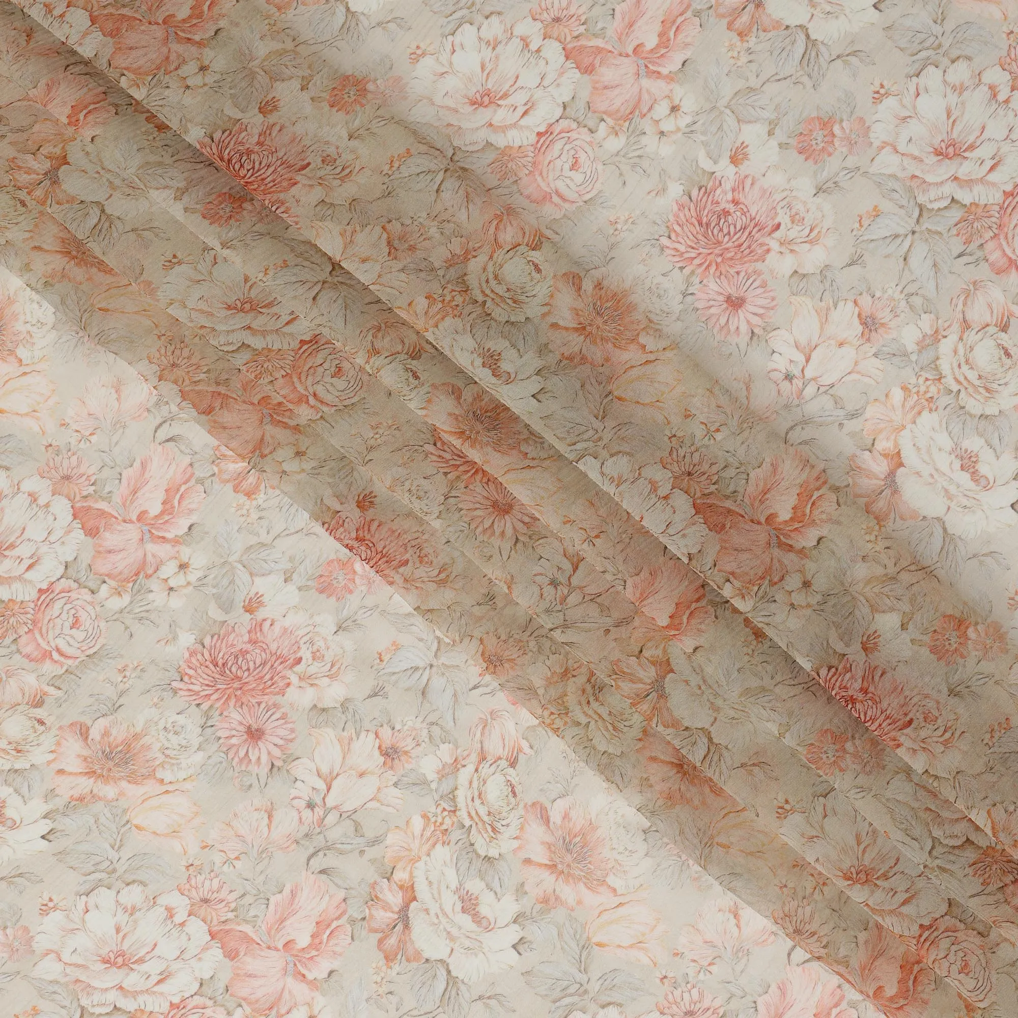 Peach and Ivory Synthetic Crepe Fabric with Floral Print, 110 cm Width-D20686