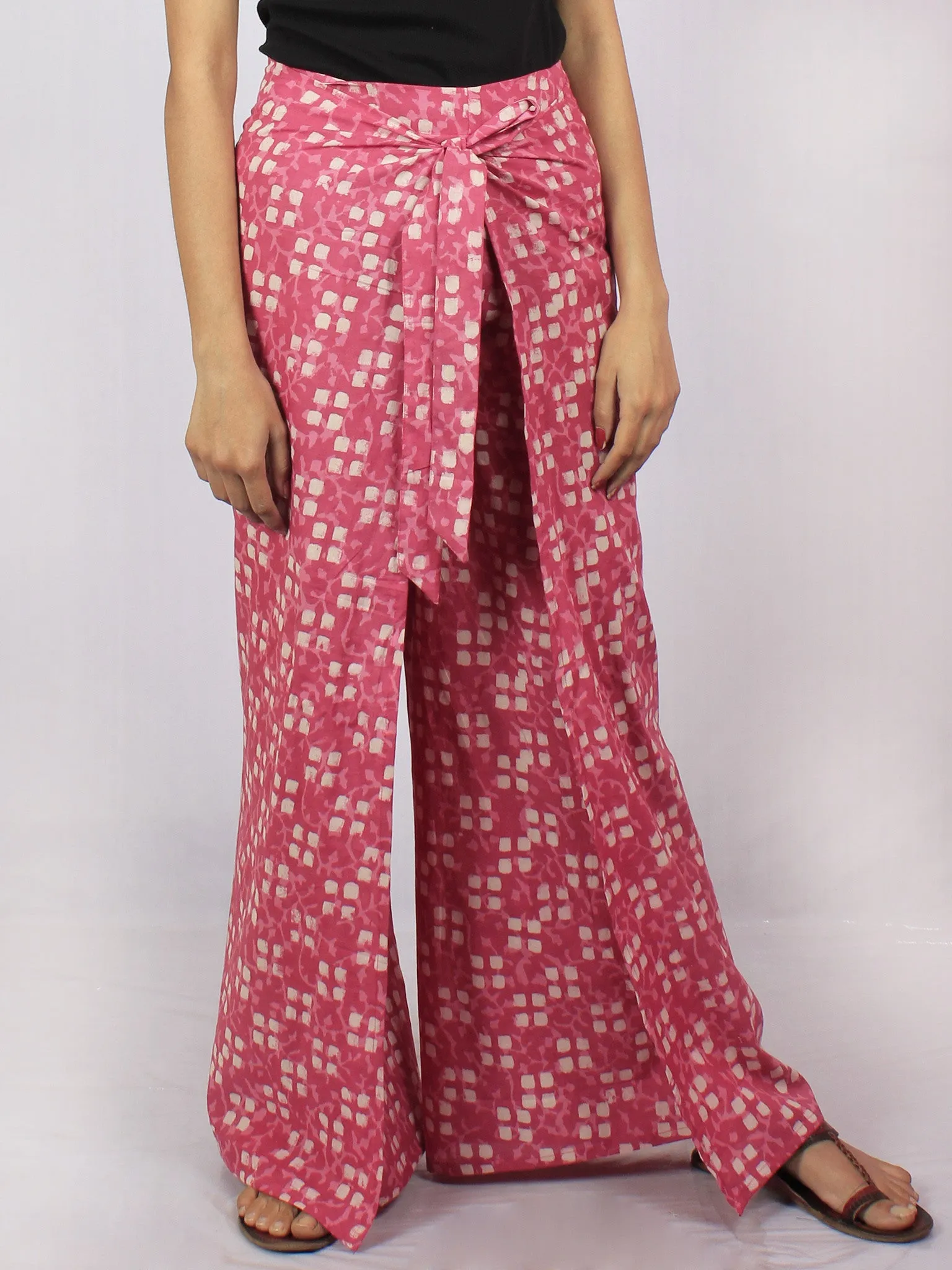 Pink Ivory Hand Block Printed Free Size Tie Up Wrap Around Trousers - T0317041