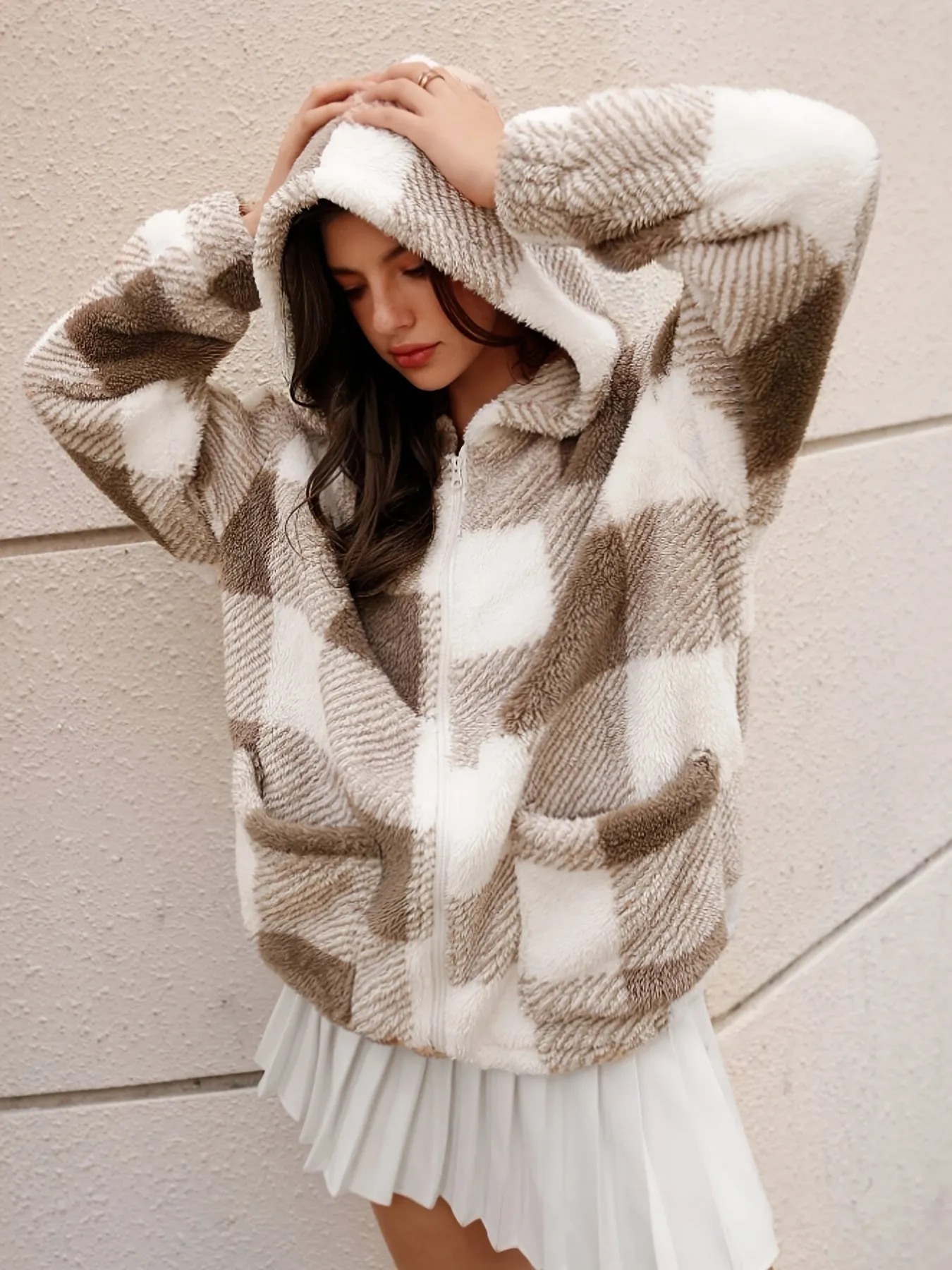 Plaid Hooded Teddy Coat, Elegant Zip Up Long Sleeve Winter Warm Outerwear, Women's Clothing