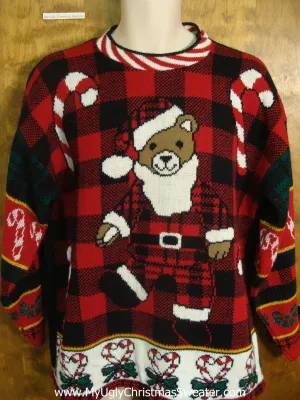 Plaid Teddy Bear Santa Tacky Xmas Sweater