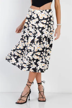 "Daisy" Print Black Multi Color Satin Effect Midi Slip Skirt /1-2-2-1