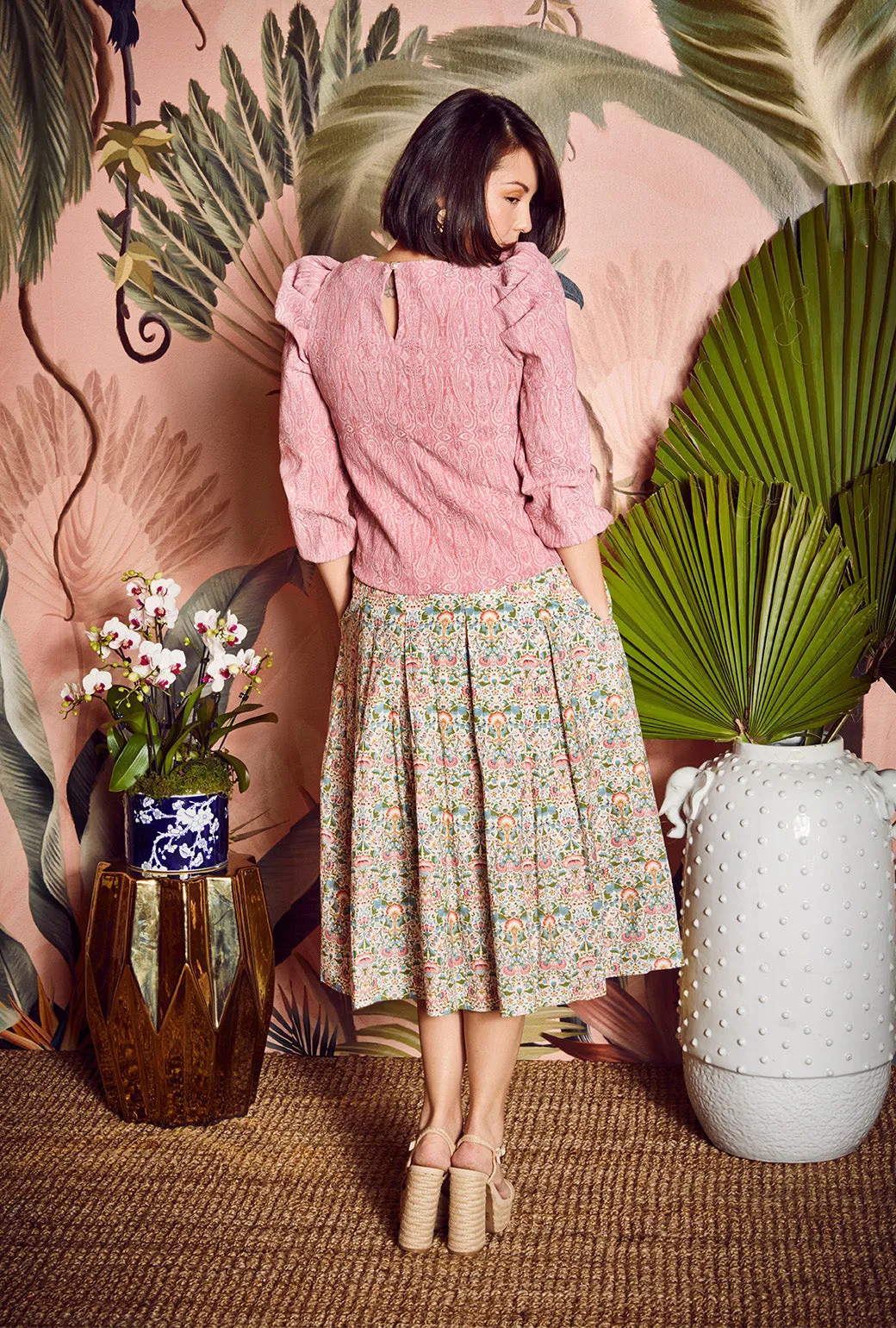 SAMPLE - Smocked Waist MIDI Skirt - Fan Floral