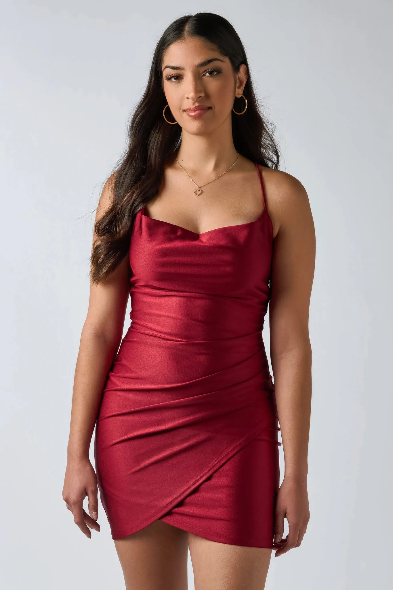 Satin Spaghetti Strap Drape Neck Mini Dress