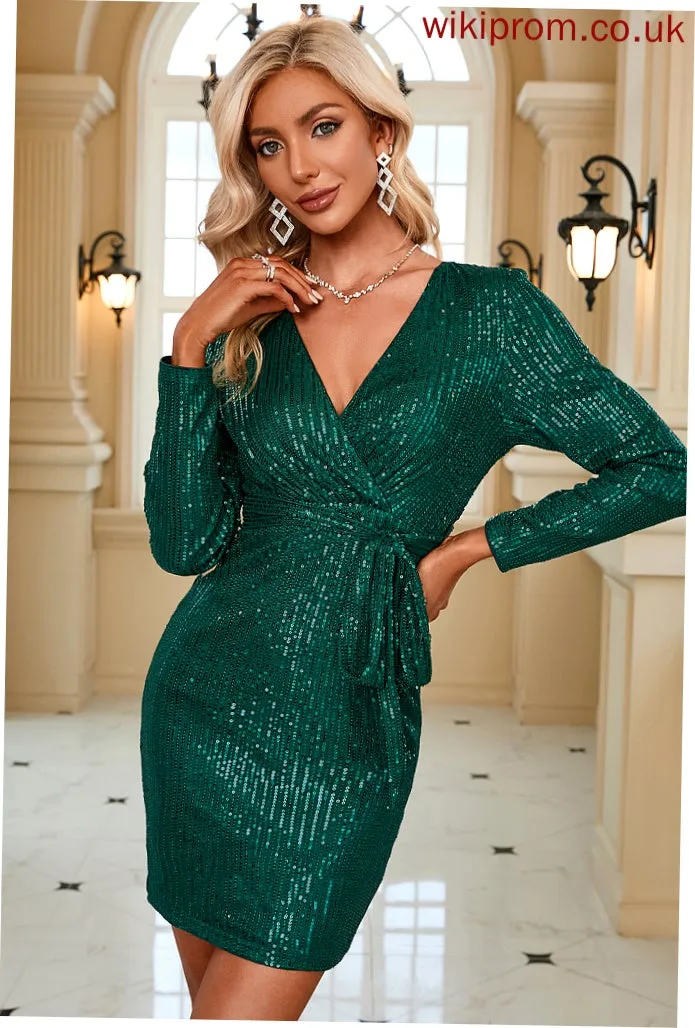 Sequined Marely Dresses Sash Long Sequins Mini Elegant Sleeves Club Dresses Bodycon V-Neck