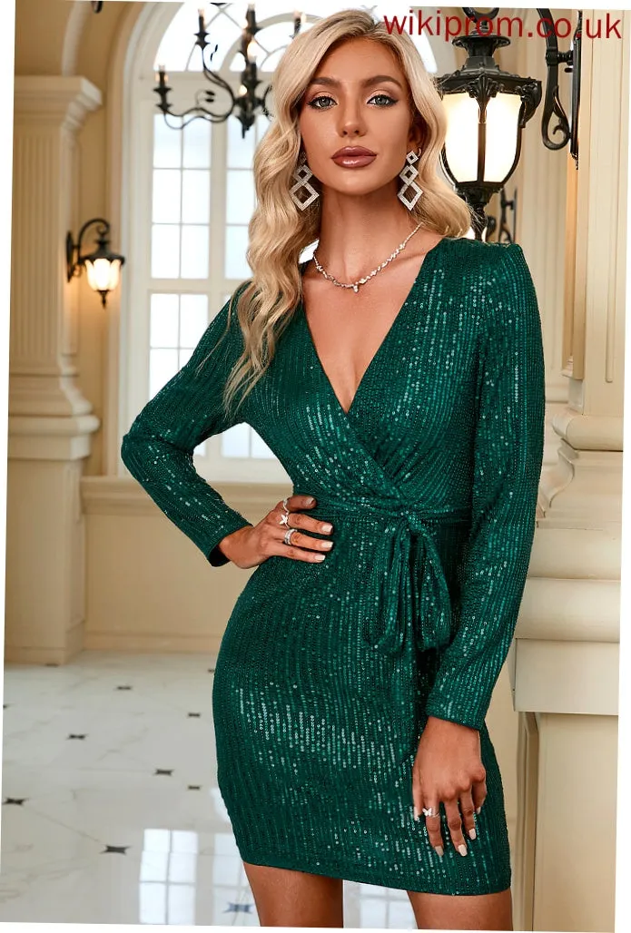 Sequined Marely Dresses Sash Long Sequins Mini Elegant Sleeves Club Dresses Bodycon V-Neck