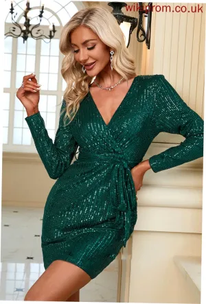 Sequined Marely Dresses Sash Long Sequins Mini Elegant Sleeves Club Dresses Bodycon V-Neck