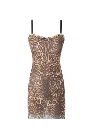 Sexy Leopard Floral Applique Sleeveless Fitted Mesh Party Micro Mini Dress