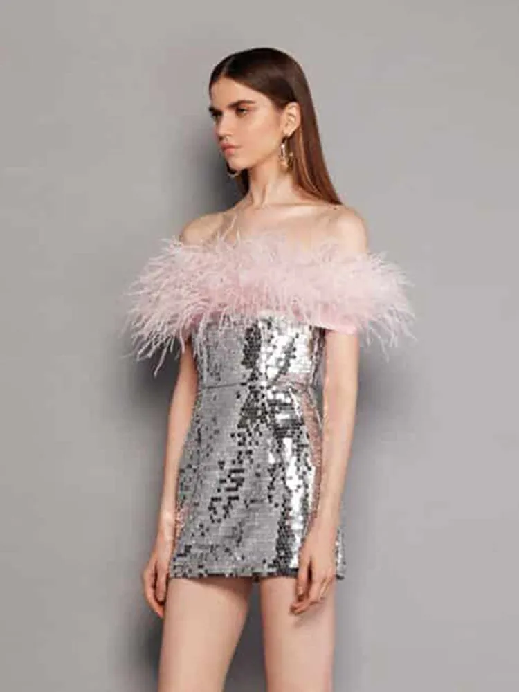 Sexy off-shoulder feather stitching tube dress