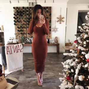 Sexy Round Neck Long Sleeve Knitted Bodycon Dress