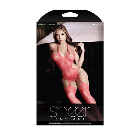 Sheer Fantasy Caged Net Teddy Bodystocking w/Attached Stockings Sunset Coral O/S