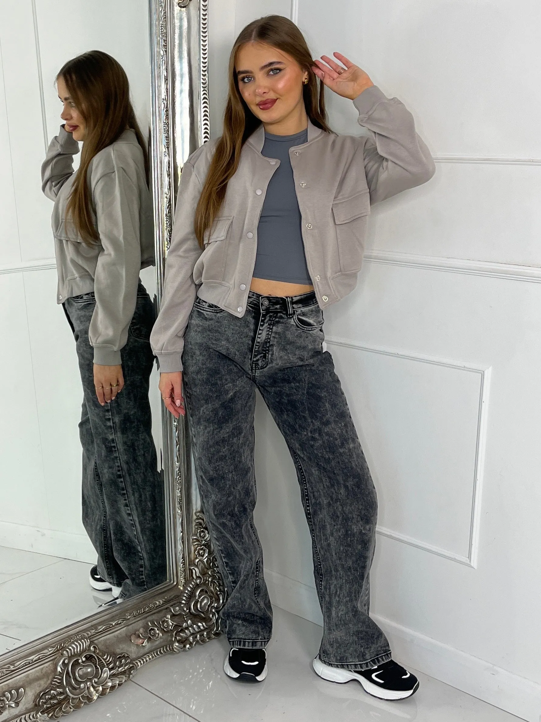 Soft Cotton Cropped Pocket Detail Bomber Jacket - Dove Grey