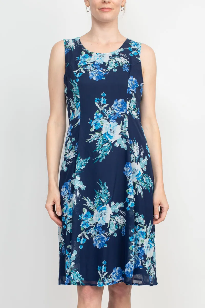 Studio One Crew Neck Sleeveless Bodycon Floral Print Chiffon Dress with 3/4 Sleeve Textured Bolero