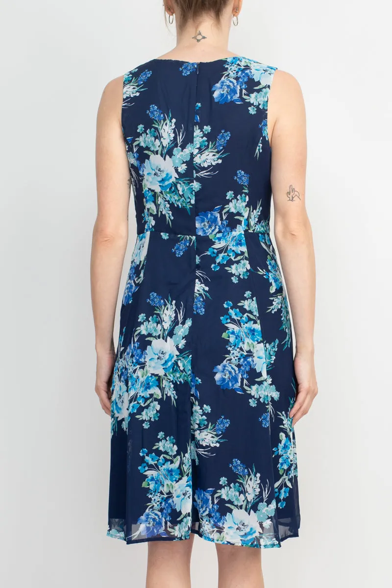 Studio One Crew Neck Sleeveless Bodycon Floral Print Chiffon Dress with 3/4 Sleeve Textured Bolero