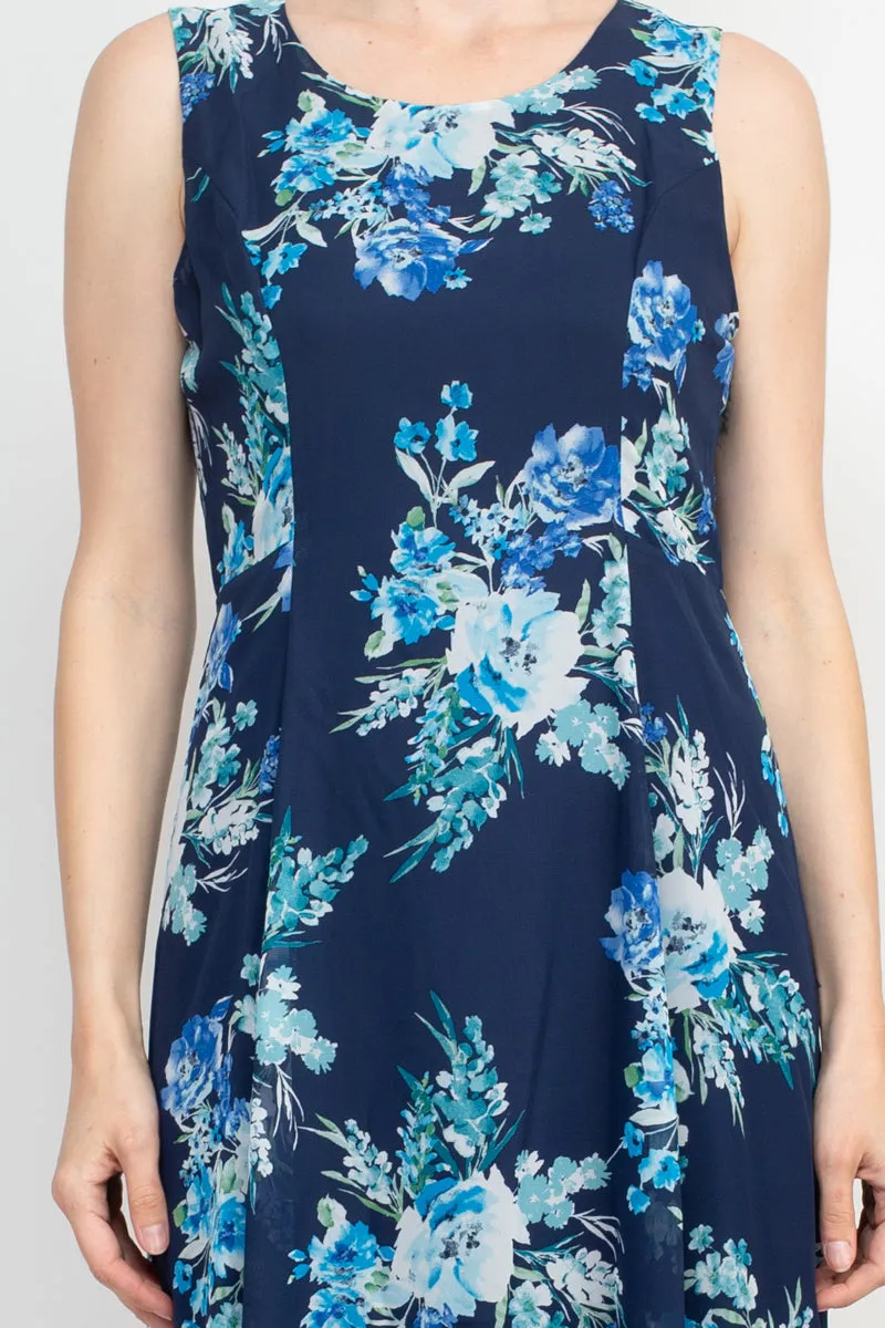 Studio One Crew Neck Sleeveless Bodycon Floral Print Chiffon Dress with 3/4 Sleeve Textured Bolero