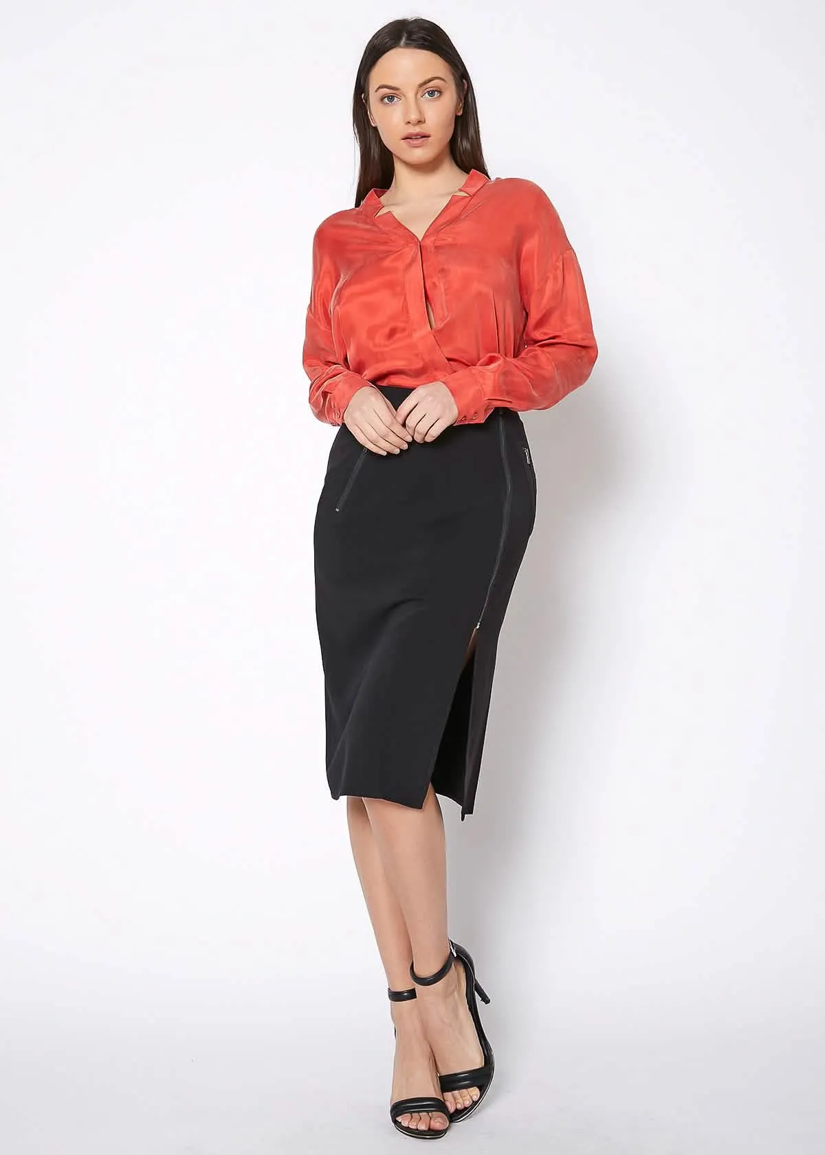 Stylish Women's Midi Skirt with Sophisticated Slit and Zip Closure