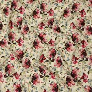 Synthetic Crepe Fabric with Stone Work - Vibrant Red and Pink Floral on Cream Background, 110 cm Width-D20645