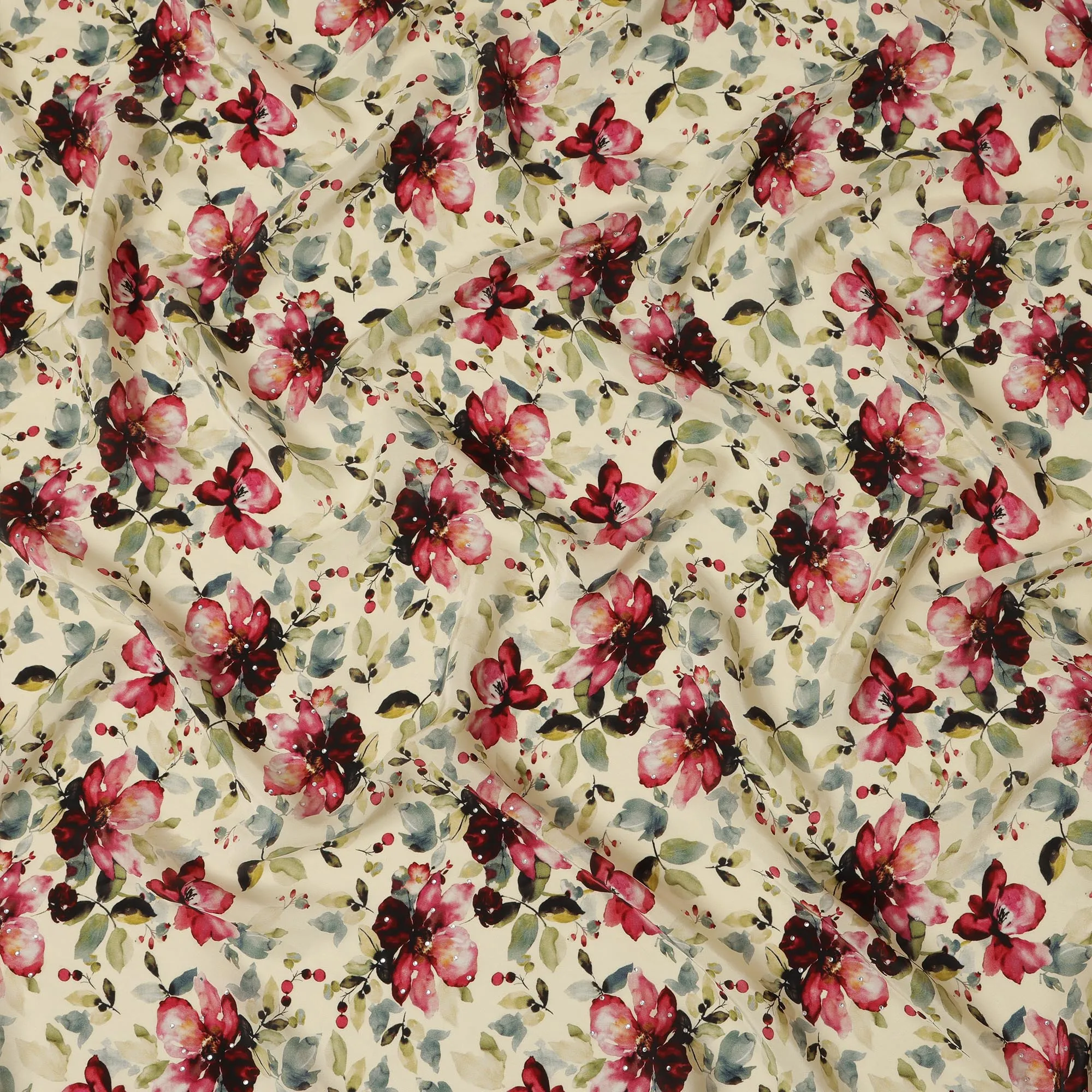 Synthetic Crepe Fabric with Stone Work - Vibrant Red and Pink Floral on Cream Background, 110 cm Width-D20645