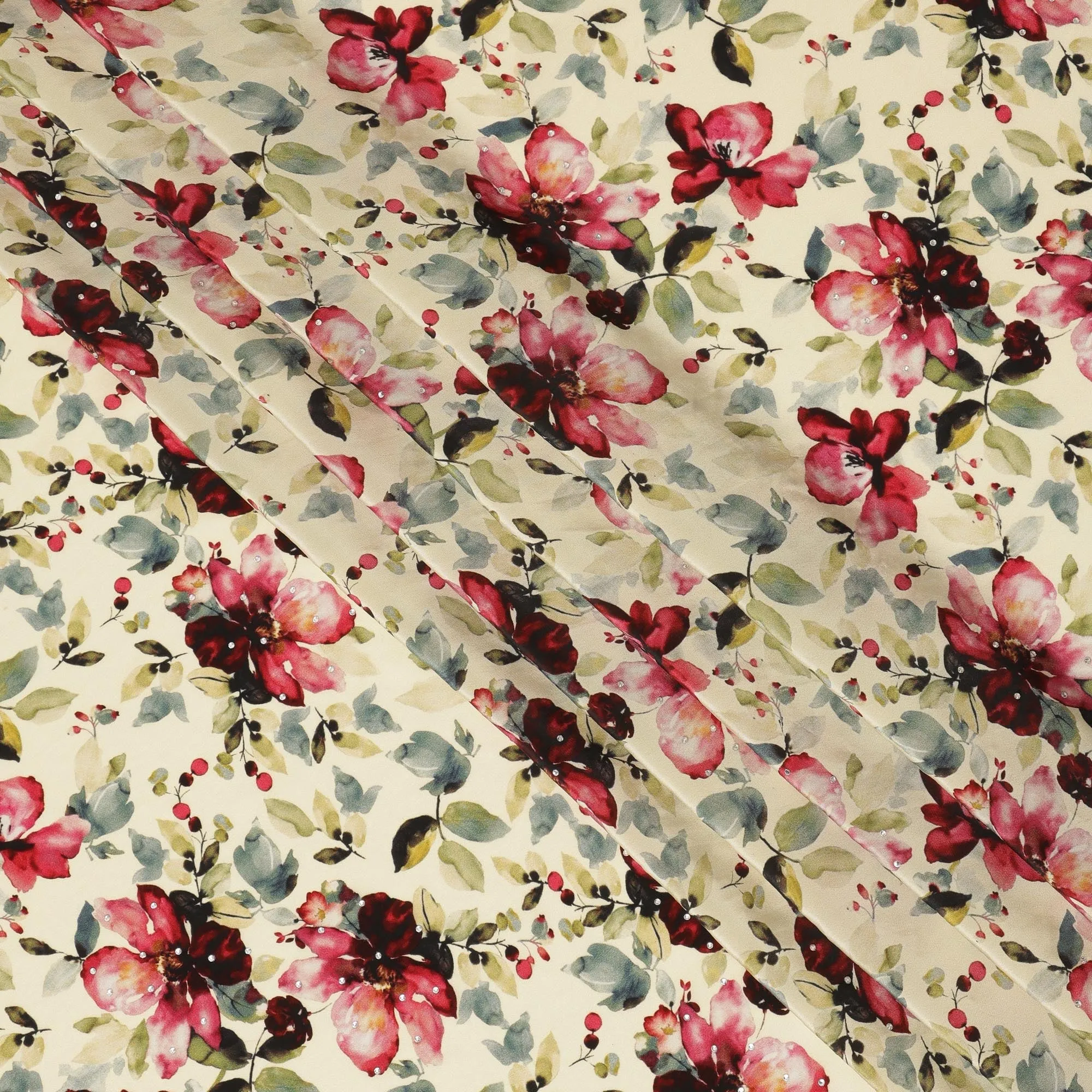 Synthetic Crepe Fabric with Stone Work - Vibrant Red and Pink Floral on Cream Background, 110 cm Width-D20645