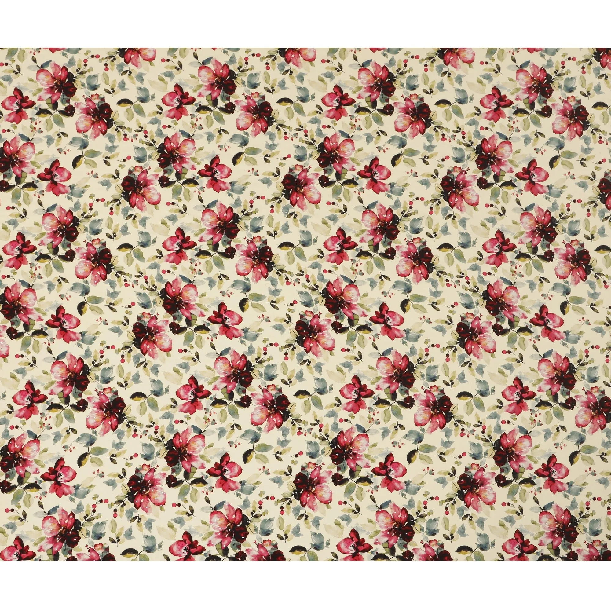 Synthetic Crepe Fabric with Stone Work - Vibrant Red and Pink Floral on Cream Background, 110 cm Width-D20645