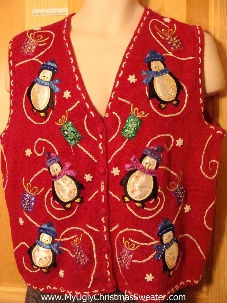 Tacky Cheap Ugly Christmas Sweater Vest with Penguins and Gifts (f572)