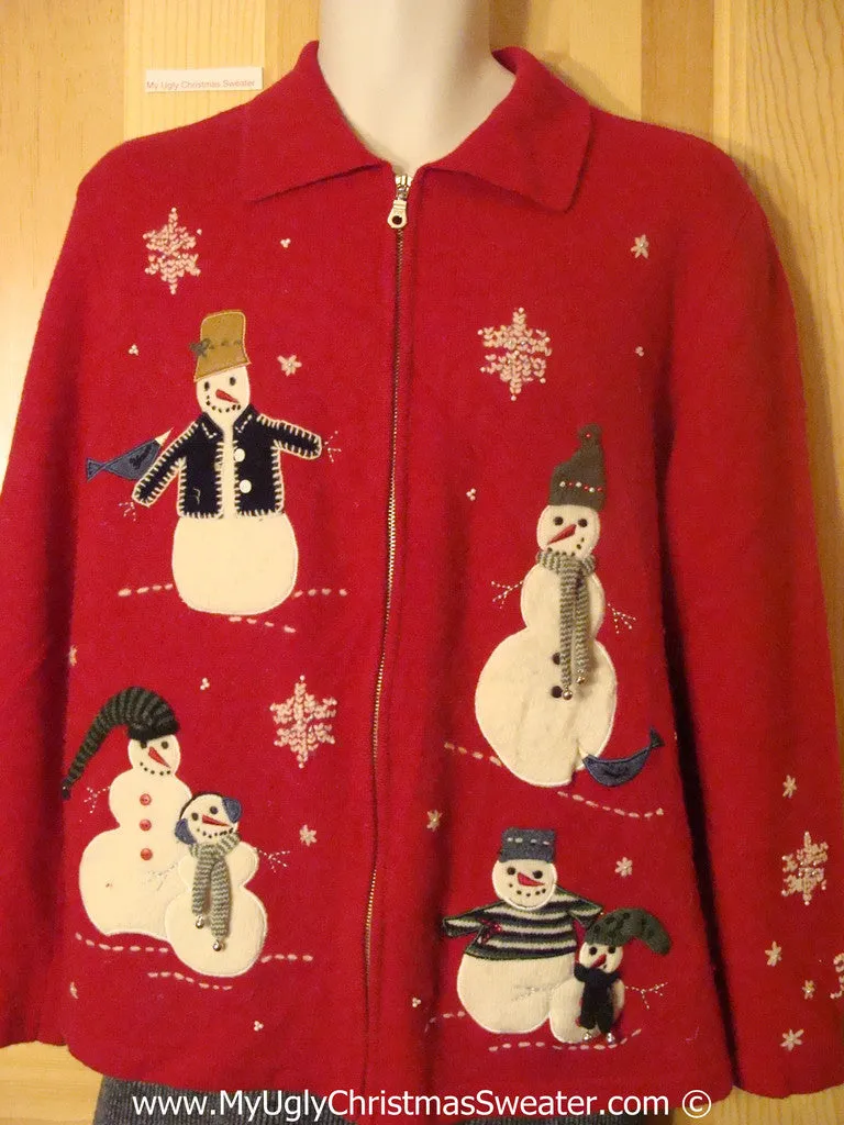 Tacky Red Christmas Sweater with Snowmen on Front and Back (f1363)