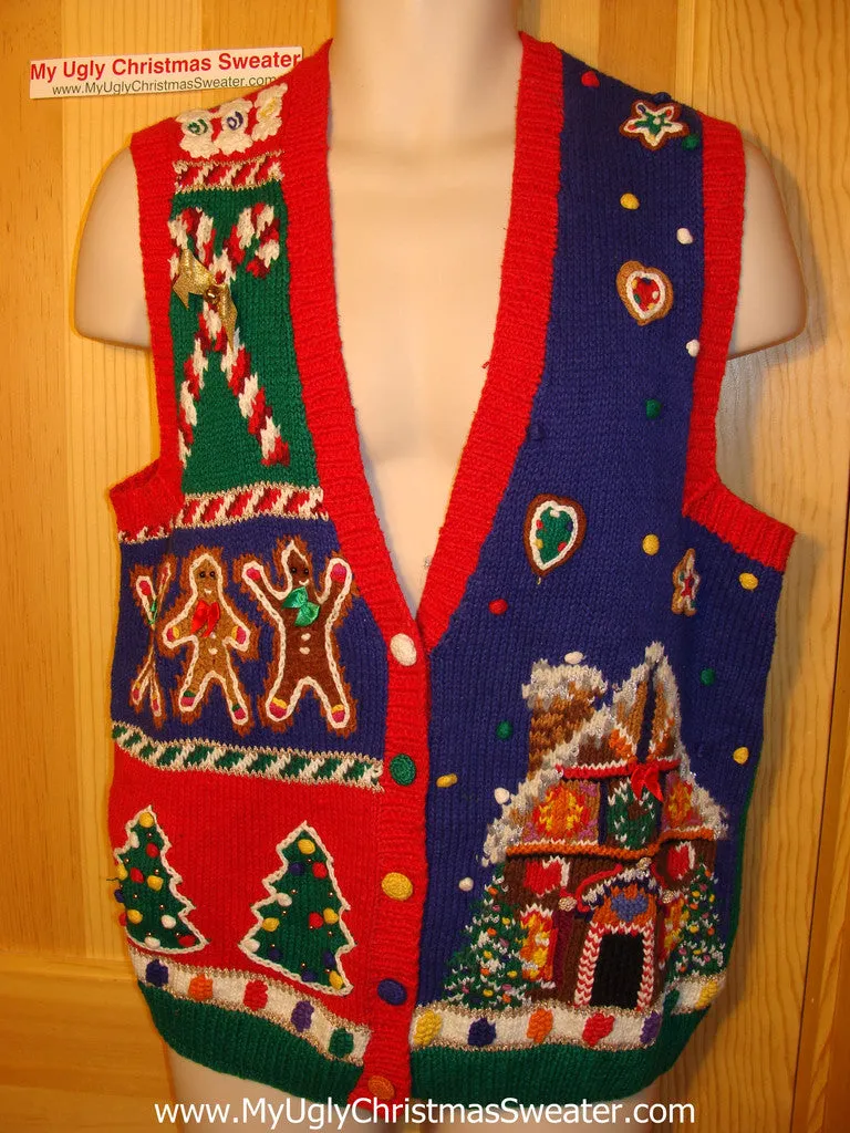 Tacky Ugly Christmas Sweater Vest 80s Classic Gingerbread House and Candy Canes (f35)